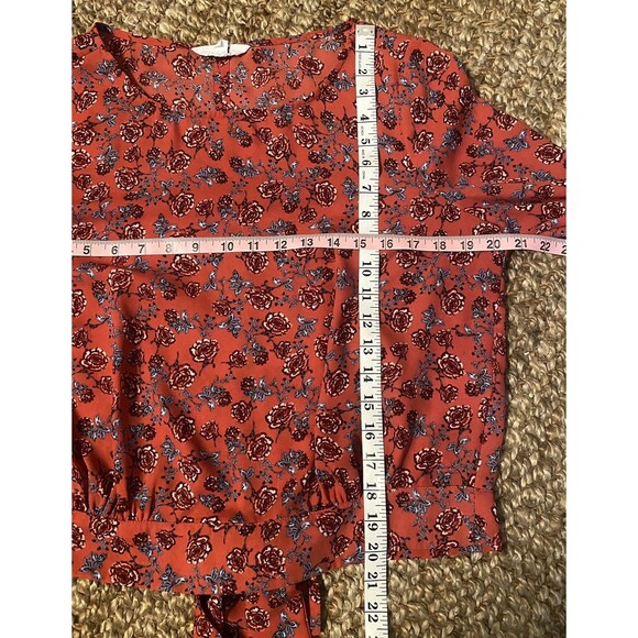 Jack by BB Dakota Red Floral Bell Sleeve Blouse M Tie Back Sheer Boho Romantic - Picture 10 of 12